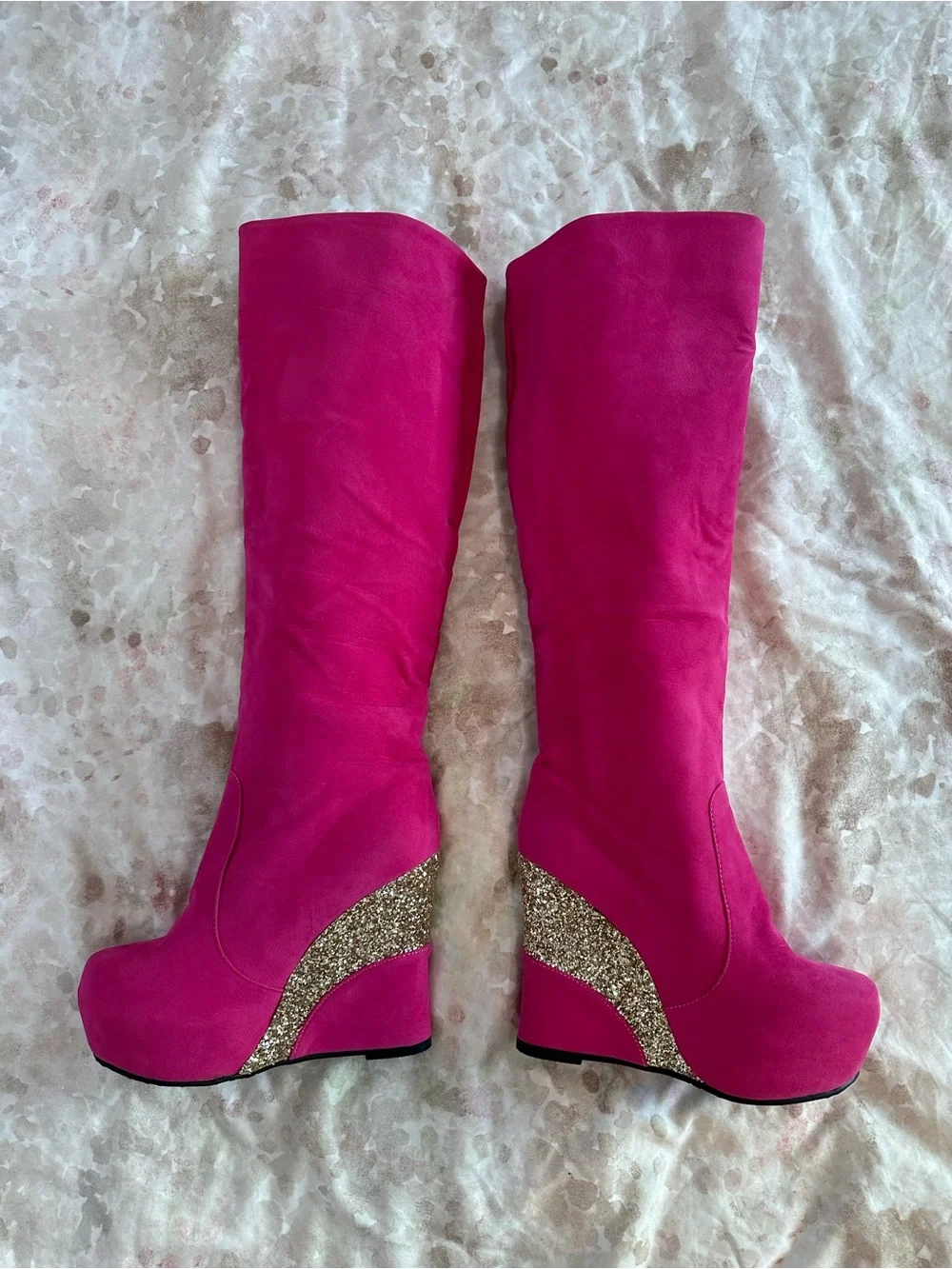 Women's Fuchsia Knee-High Wedge Boots with Glitter Accent